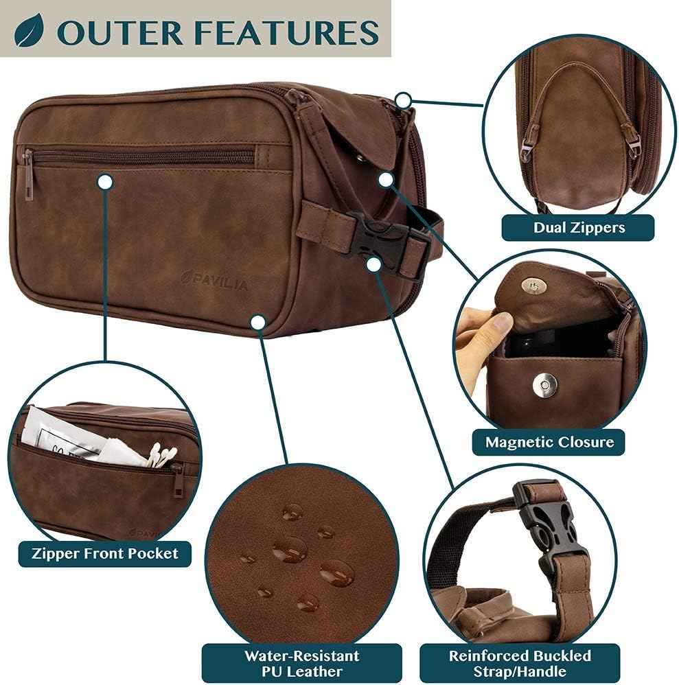 PAVILIA Toiletry Bag for Men, Travel Essentials Shaving Dopp Kit, Mens Travel Bag Toiletries Organizer Case for Grooming, PU Leather Water Resistant Cosmetic Bag Pouch (Dark Brown)