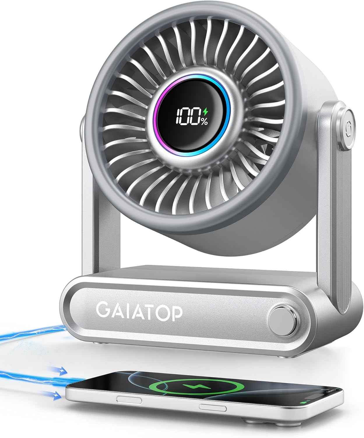 Gaiatop Portable Quiet Desk Fan, 6000mAh Rechargeable Battery Fan with RGB Ring, 18Hrs Runtime, 5-Speed Strong Wind, Bedroom Office Desk Accessories, Gifts for Women Men Teens, Silver
