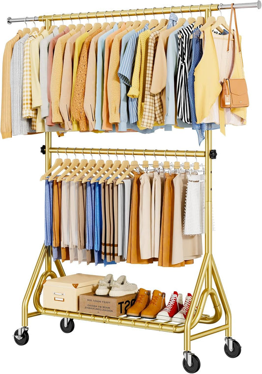 Double Rods Clothing Rack, Heavy Duty Clothes Rack for Hanging Clothes Load 560LBS, Metal Rolling Garment Racks with Wheels, Freestanding Clothes Hanging Racks, Gold - Lumora Desk