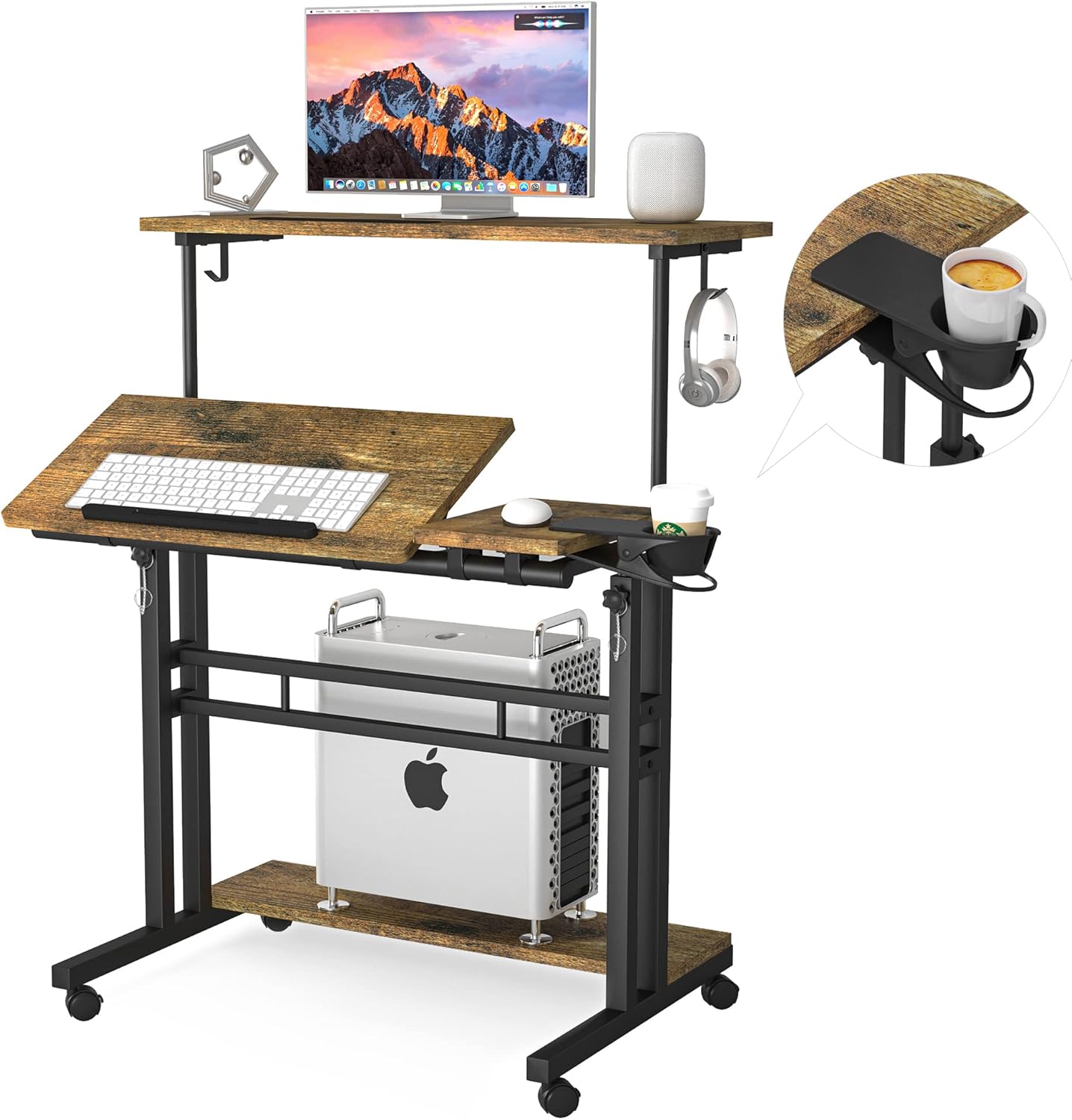 Mobile Standing Desk, Adjustable Rolling Computer Desk with 3 Desktops, Portable Laptop Table with Cup Holder, Home Office Laptop Workstation on Lockable Wheels, Black, Rustic Brown