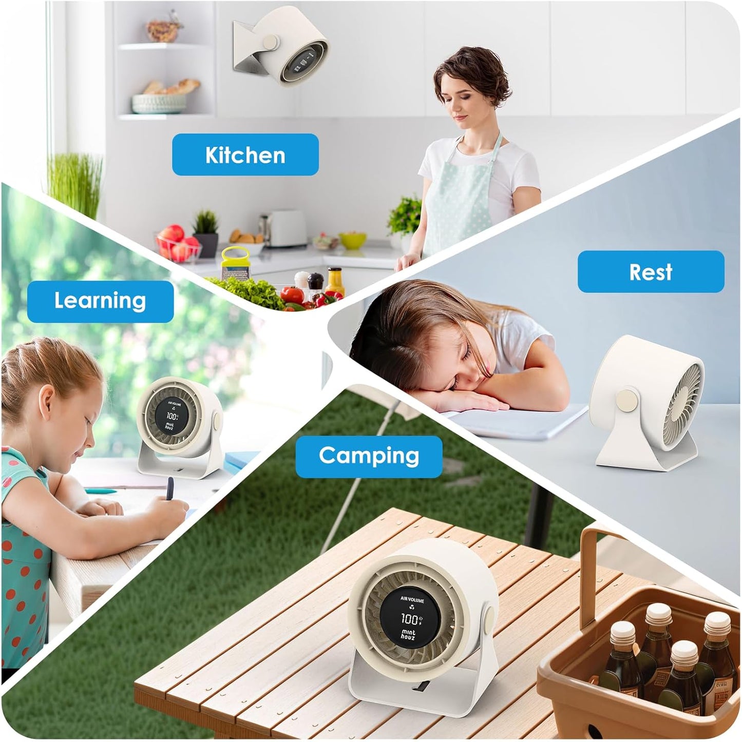 Minthouz Desk Fan - Touch Control LED Display, Premium USB Fans 3600mAh Rechargeable Battery, 6 Speeds, 90° Tilting - Portable for Home, Office, Travel, Camping, Kitchen (Beige)