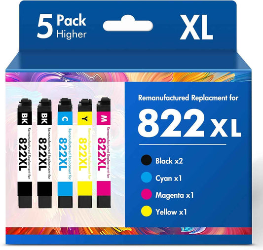 822XL 822 WF-3820 Printer Ink Cartridges Remanufactured Replacement for Epson 822XL Ink Cartridges Combo Pack for Epson 822 XL for Workforce Pro WF-4830 WF-4833 WF-4820 WF-4834 WF-3823 (5 Pack)