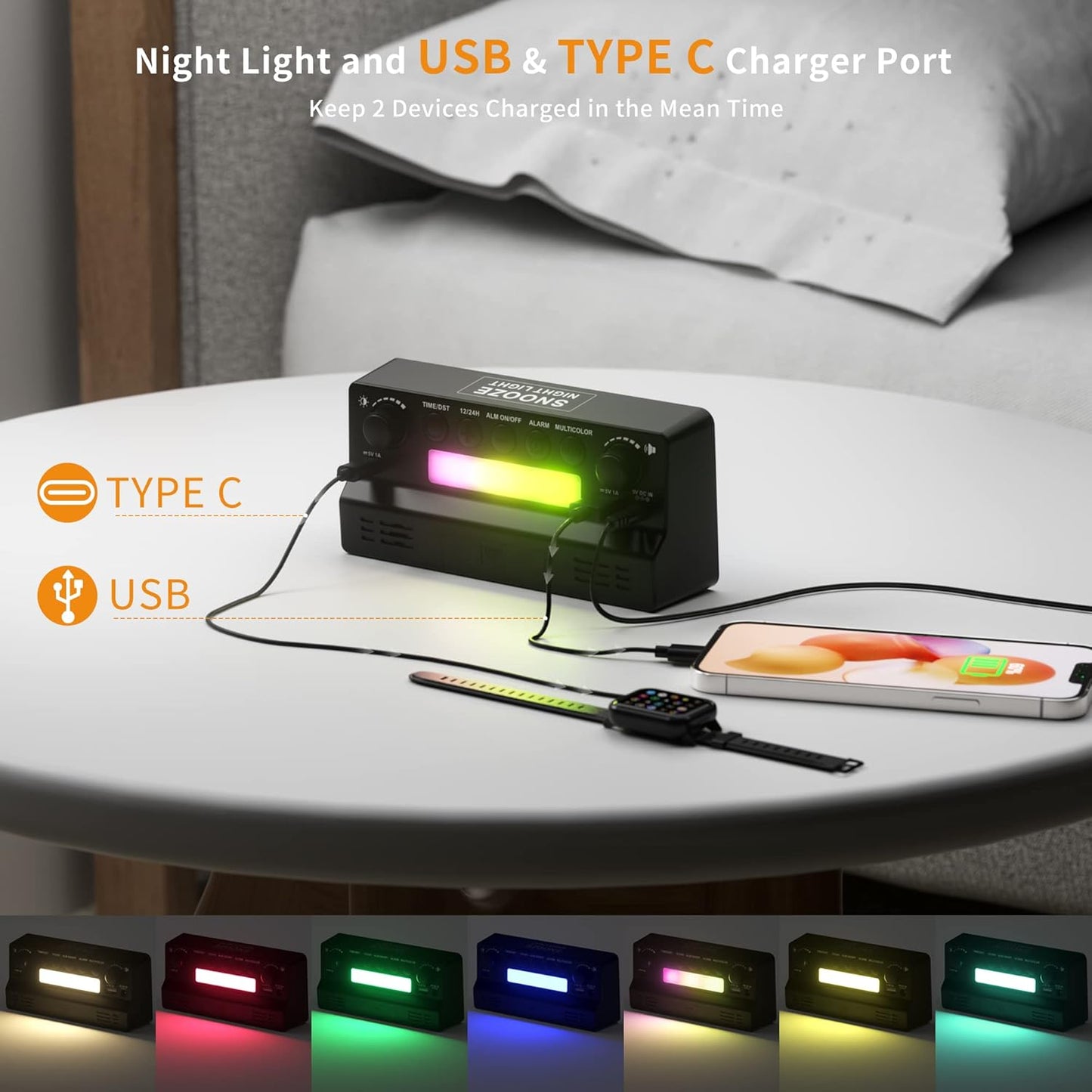 PPLEE Digital Alarm Clock with RGB Night Light - Color Changing LED Display, Large Easy-Read Number, Adjustable Brightness&Volume, USB-C Charging, Snooze, 12/24H, Bedside Clock for Kids Adults Elderly