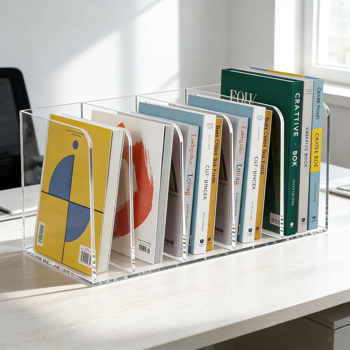 Acrylic Magazine File Holder with 5 Vertical Compartments, Clear Desk Organizer and Magazine Storage Rack File Organizer Bookshelf for Office Desktop Accessories, Home Workspace