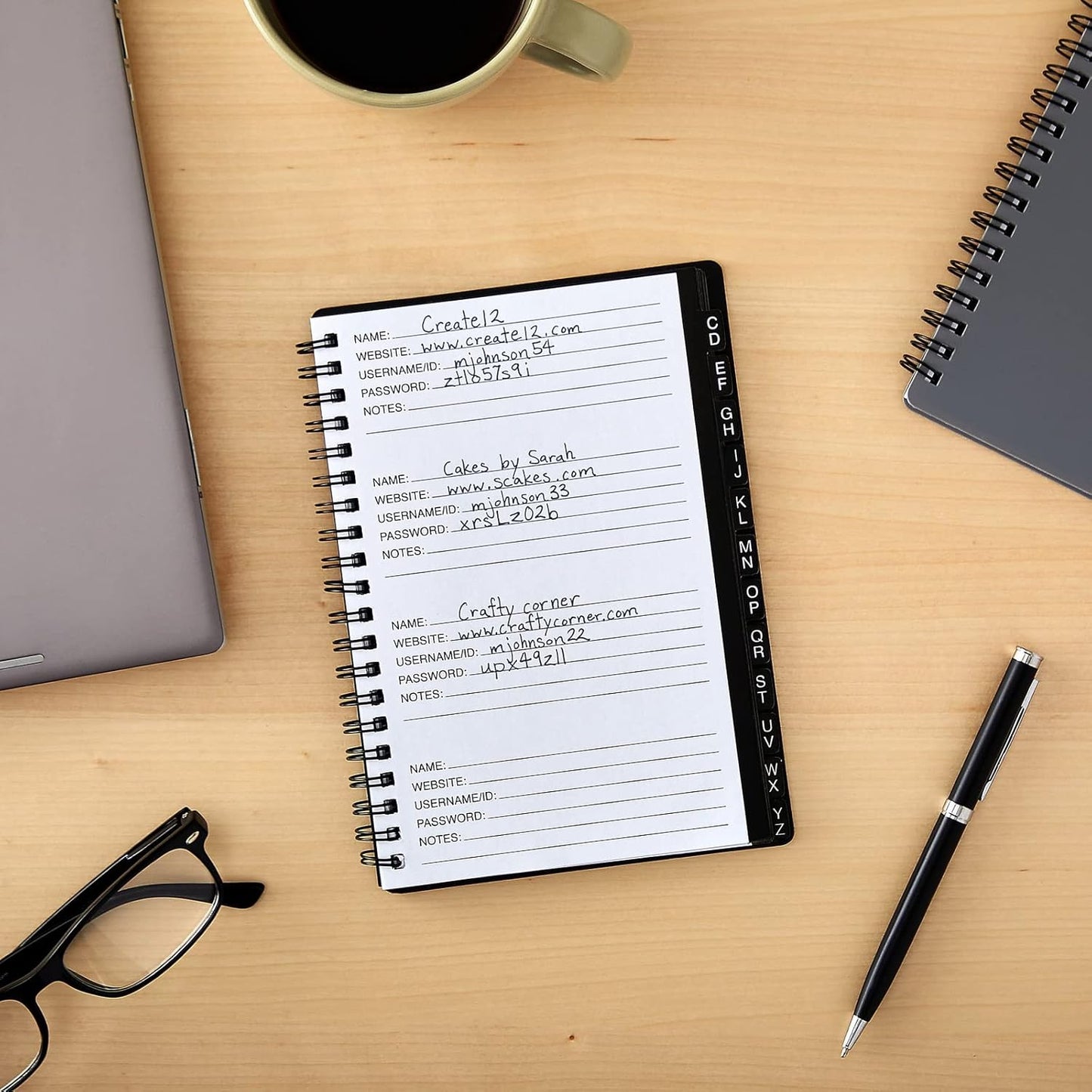 Juvale Password Book with Alphabetical Tabs - 5 x 7 in, 2-Pack, Gray & Black, 80 Lined Pages, Spiral-Bound, Plastic Cover - Password Notebook & Log Book for Username & Login Management