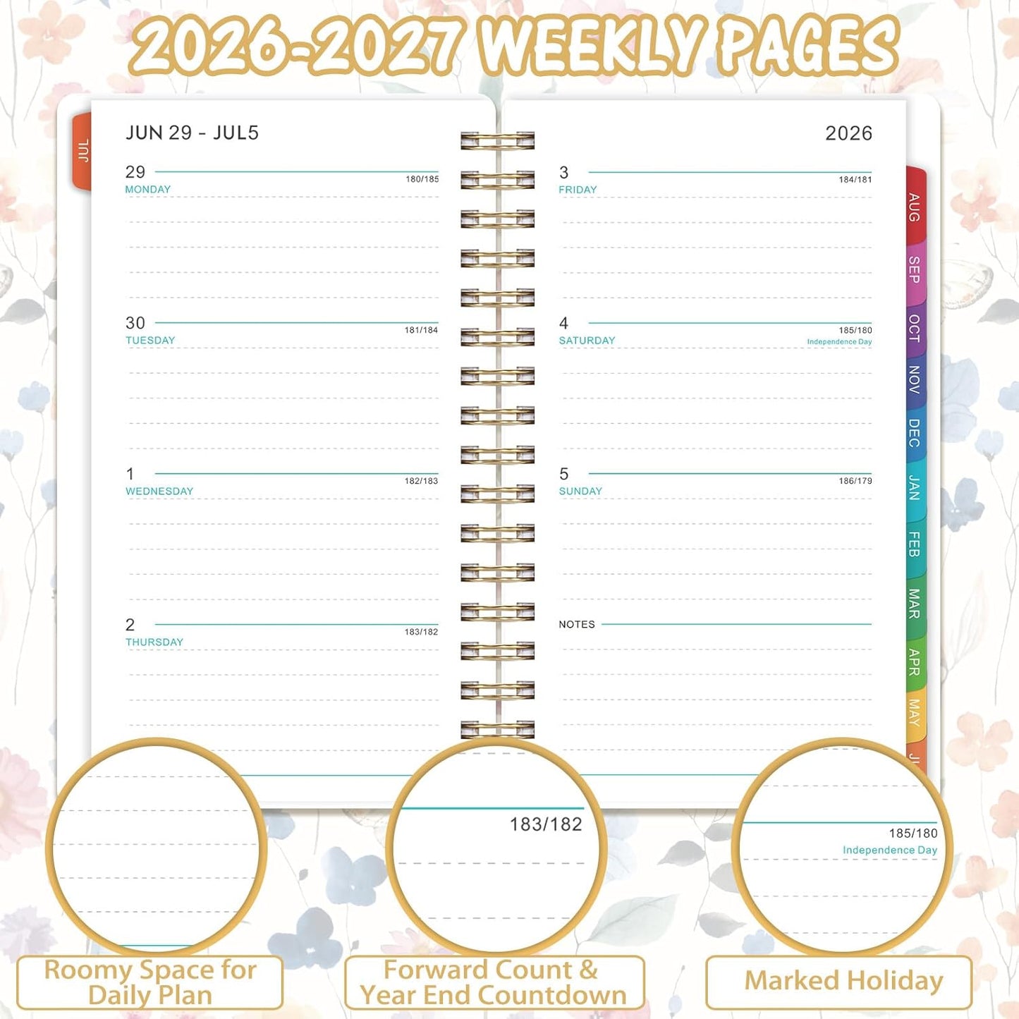 Pocket Planner 2026-2027 - Pocket Calendar 2026-2027 for Purse, JULY 2026 - JUNE 2027, 6.77” x 4.13”, Weekly and Monthly Planner with Colorful Tabs, Double-side Back Pocket, Holidays - Wildflowers