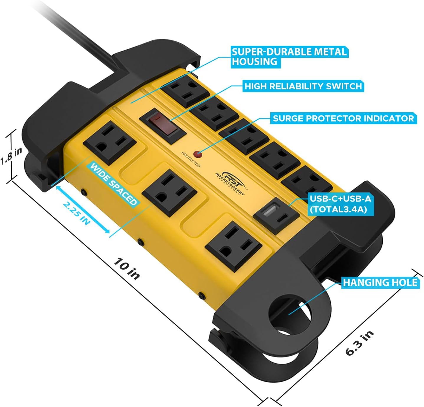 Heavy Duty Surge Protector Power Strip with USB-C Ports, CRST 8-Outlet Metal Industrial Power Block with 15A Circuit Breaker, 15ft Extension Cord, 1350 Joules for Workshop, Garage, Office, Shop…