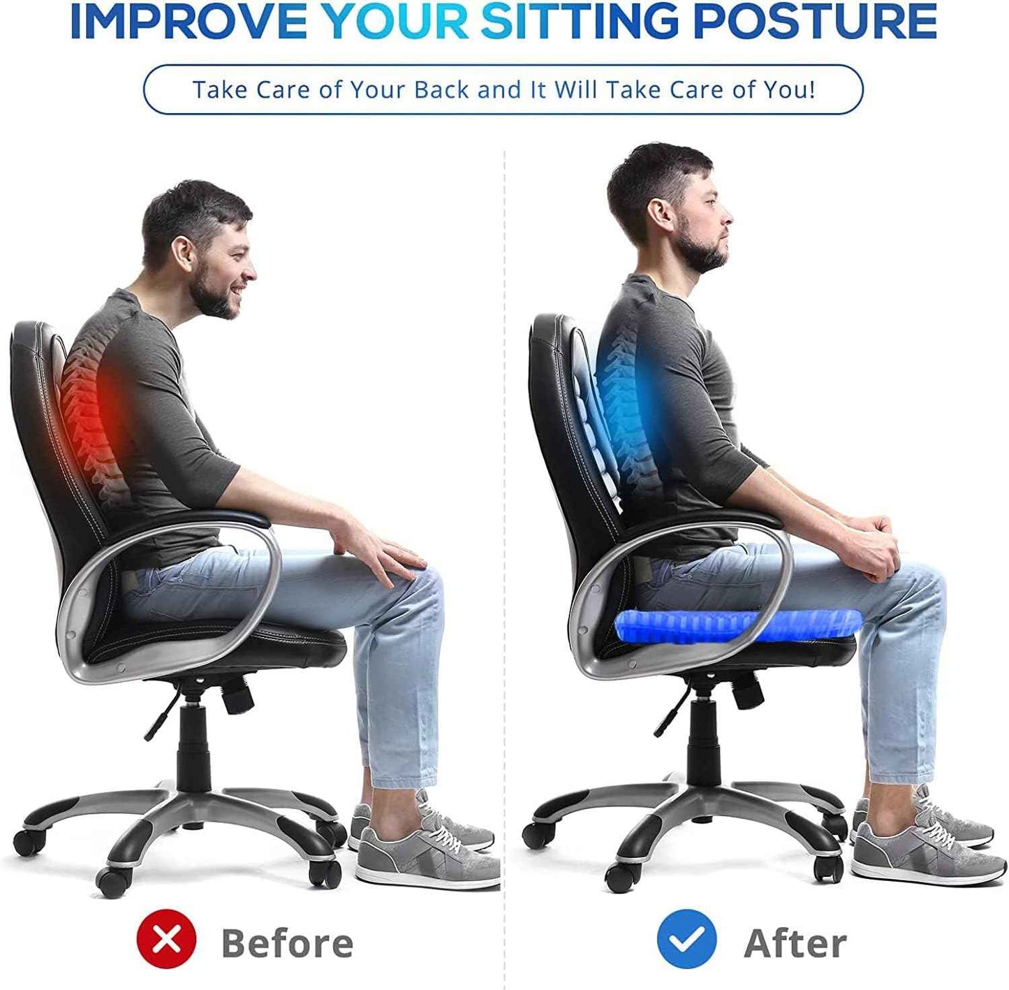 20" Gel Seat Cushion for Long Sitting Pressure Relief(Jumbo&Thick) - Wheelchair Cushion for Pressure Sores - Back, Sciatica & Tailbone Pain Relief Cushion- Non-Slip Butt Pillow for Office, Home, Car