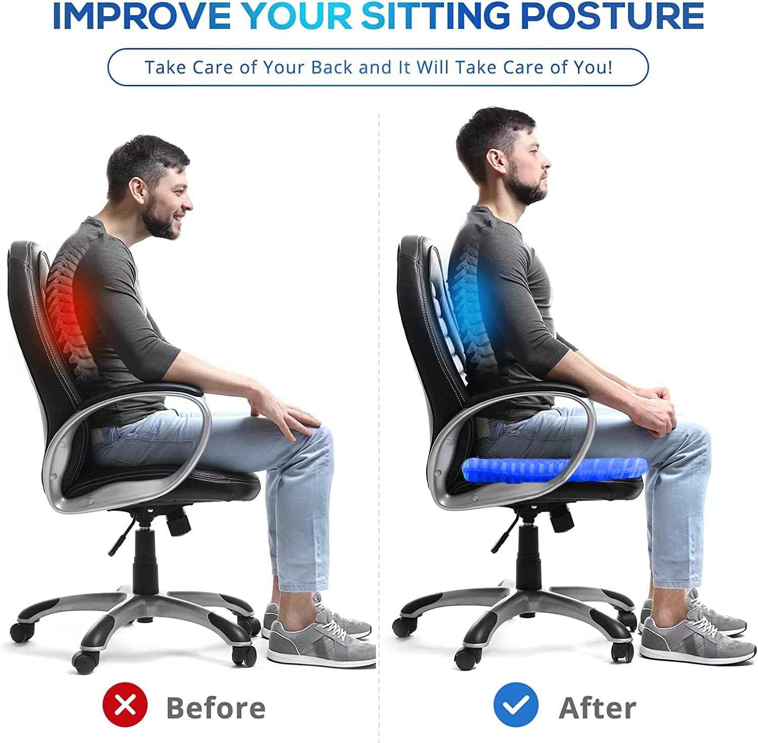 20" Gel Seat Cushion for Long Sitting Pressure Relief(Jumbo&Thick) - Wheelchair Cushion for Pressure Sores - Back, Sciatica & Tailbone Pain Relief Cushion- Non-Slip Butt Pillow for Office, Home, Car