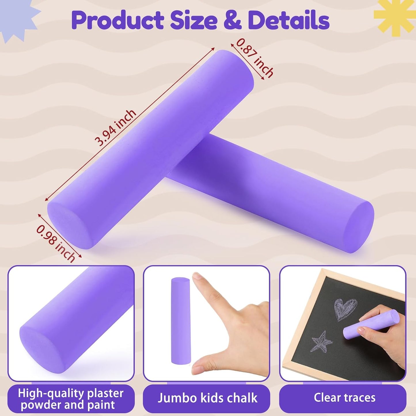 Fulmoon 40 Pcs Jumbo Sidewalk Chalk for Kids Outdoor Art Non Toxic Large Washable Street Chalk for Adults Drawing Painting Classroom(Purple,Round Style)