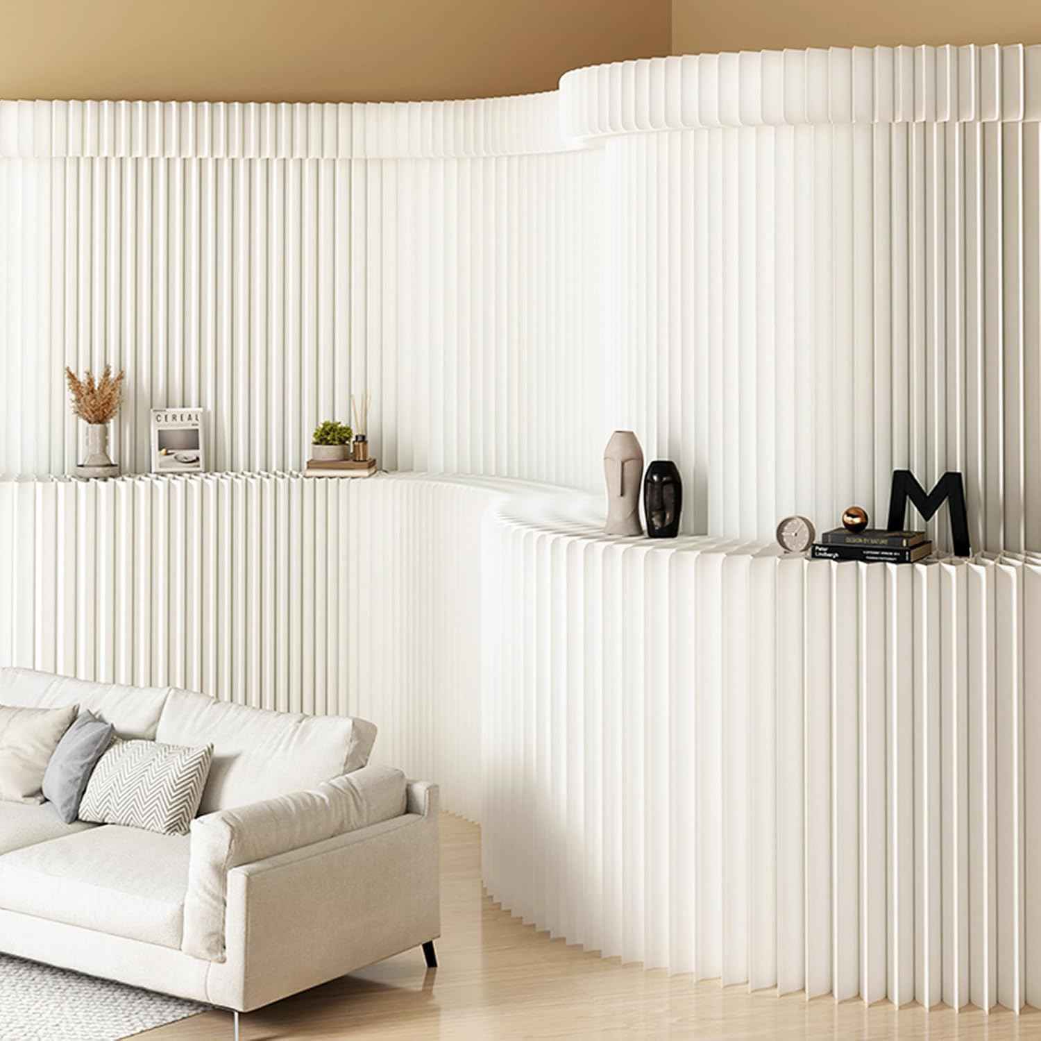 Paper Room Divider with Shelves Folding Room Divider Portable Room Partition Foldable Temporary Wall Retractable Folding Screen for Home, Office, Studio, Exhibition