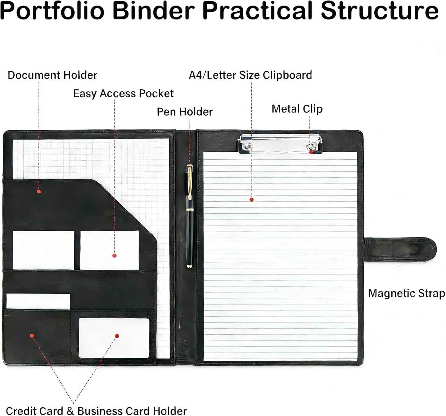 Padfolio Portfolio Binder with Clipboard, Professional Faux Leather Interview Resume Folder with Document Organizer & Business Card Holder, A4 Letter Size Notepad Legal Pad Holder for Office(Black)
