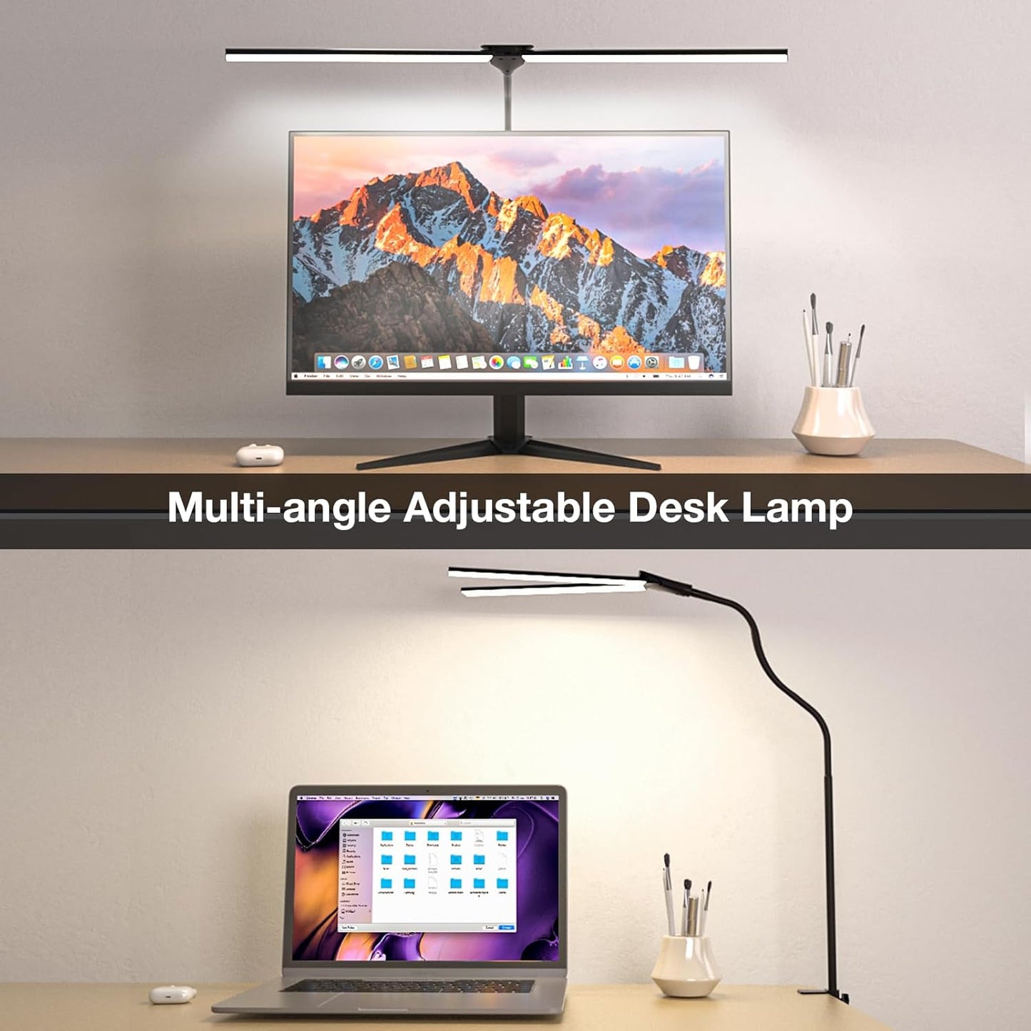 LED Desk Lamp for Home Office, Bright Double Head Desk Lamp with Clamp, Dimmable 5 Color Modes Desk Lighting, 12W Eye-Caring Architect Table Lamp for Workbench, Monitor, Reading, Study, 1400lm - Lumora Desk