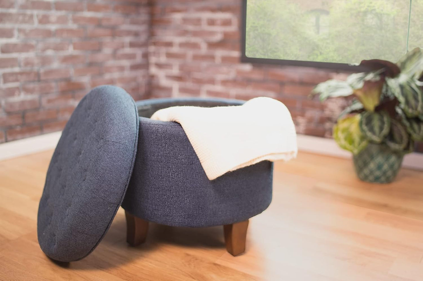 HomePop by Kinfine Fabric Upholstered Round Storage Ottoman - Velvet Button Tufted Ottoman with Removable Lid, Indigo Blue Woven