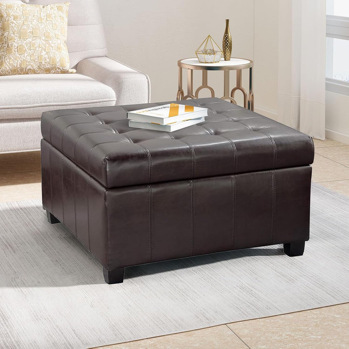 Large Square Storage Ottoman Upholstered Button Tufted Coffee Table with Solid Wood Legs, 30" PU Leather Foot Stool Oversized Ottoman Foot Rest for Sofa Couch Living Room Bedroom, Brown