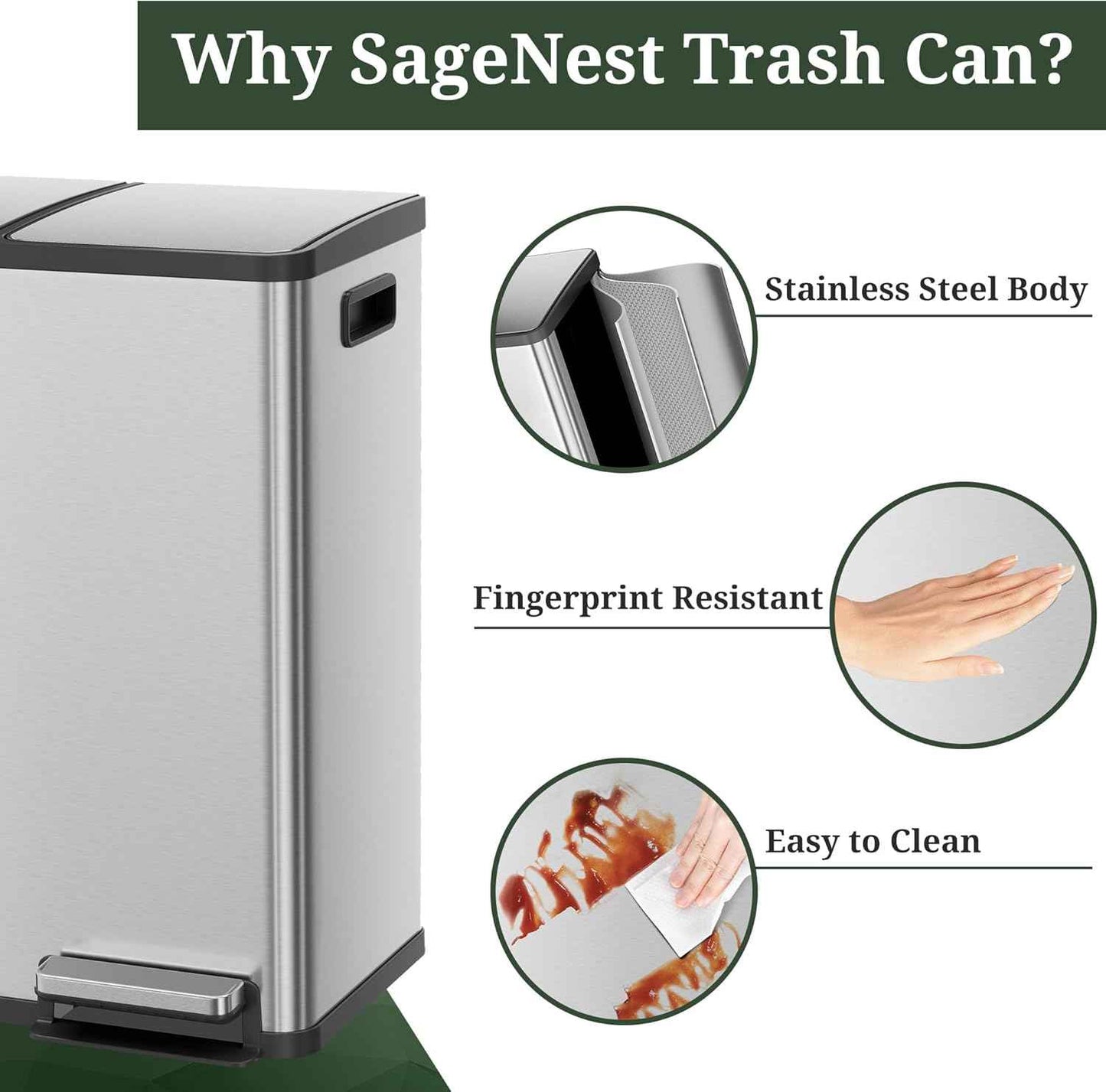 Kitchen Trash Can, 16 Gallon Dual Compartment Garbage Bin with Quiet Close Foot Pedal, Stainless Steel