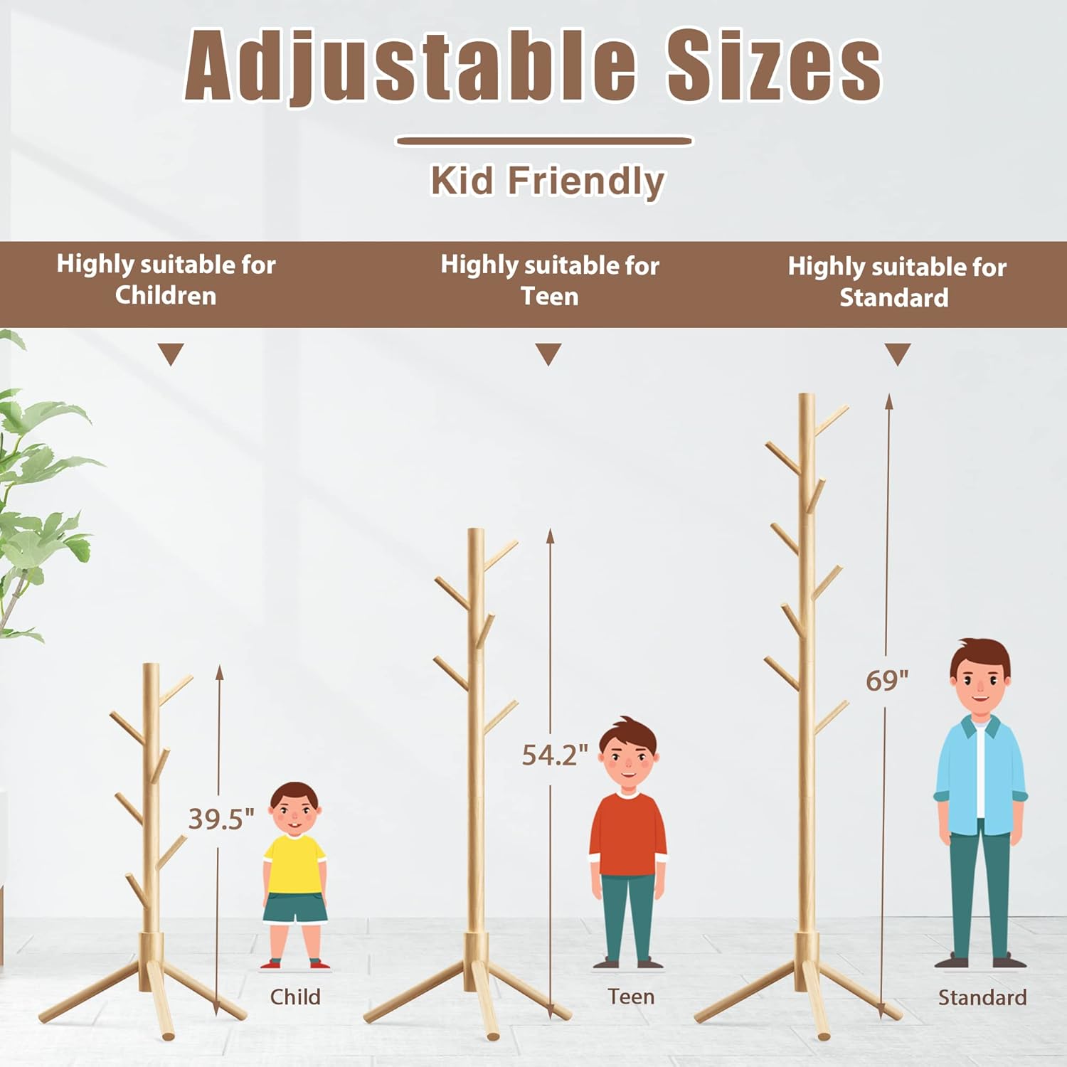 Haddockway Wooden Coat Rack Stand with 8 Hooks New Zealand Pine 3 Adjustable Coat Standing Tree Easy Assembly for Coats, Hats, Scarves and Handbags for Entryway, Hallway, Bedroom, Office - Lumora Desk