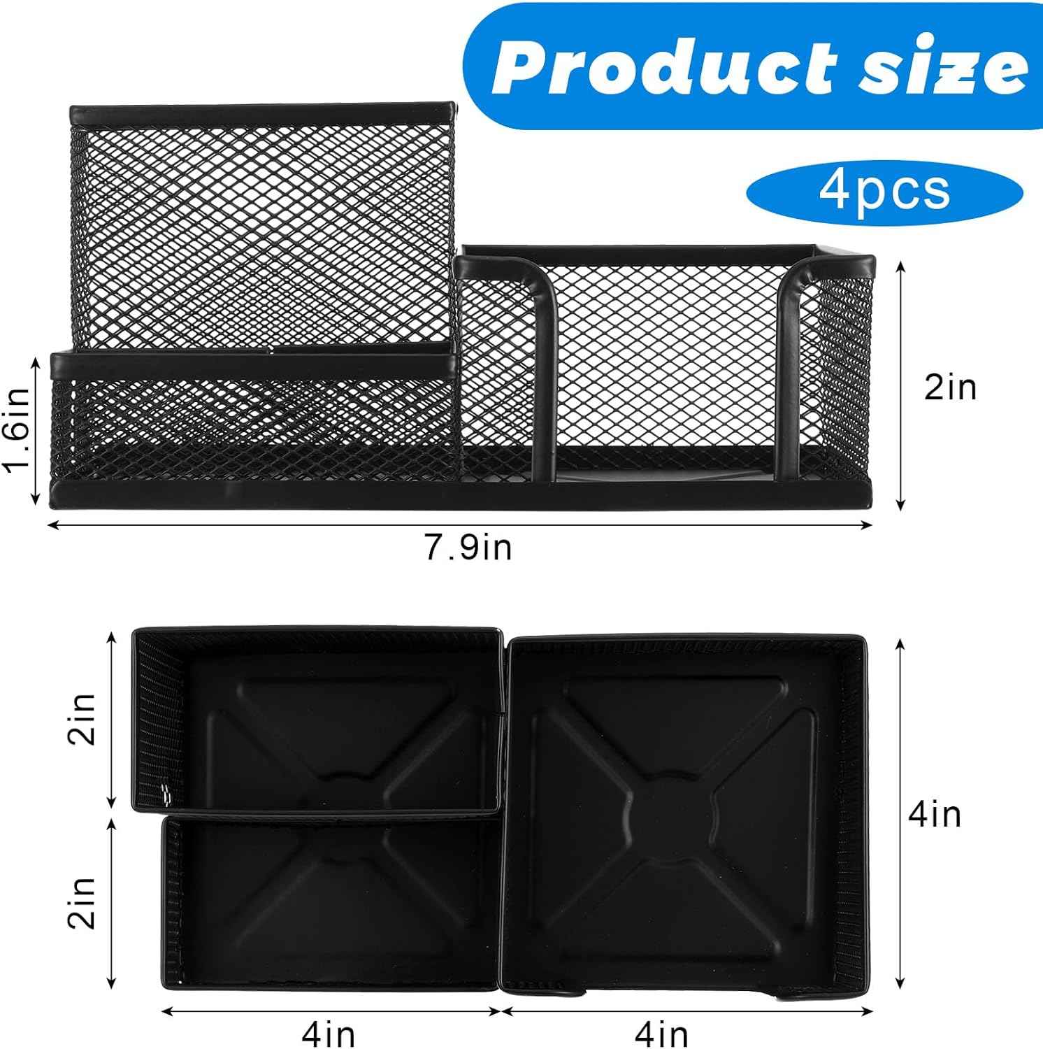 Mesh Pen Pencil Holder Note Holders Desk Organizer, 3 Compartment Wire Desktop Pen Pencil Cup Caddy Office Supplies Accessories for Home Office School, Black(4 Pack)