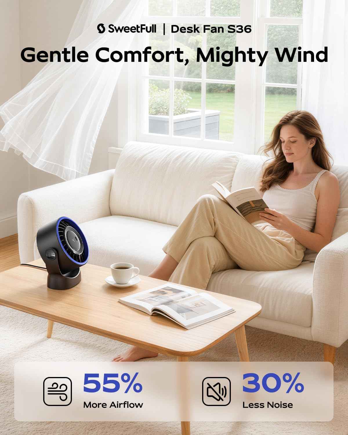 SWEETFULL USB Small Desk Fan - 5 Inch Mini Personal Desktop Fan, 4 Speeds Cooling Strong Airflow, 360° Adjustable Tilt, Quiet Portable Table Fans for Bedroom, Home, Office, Travel & Cruise, Black