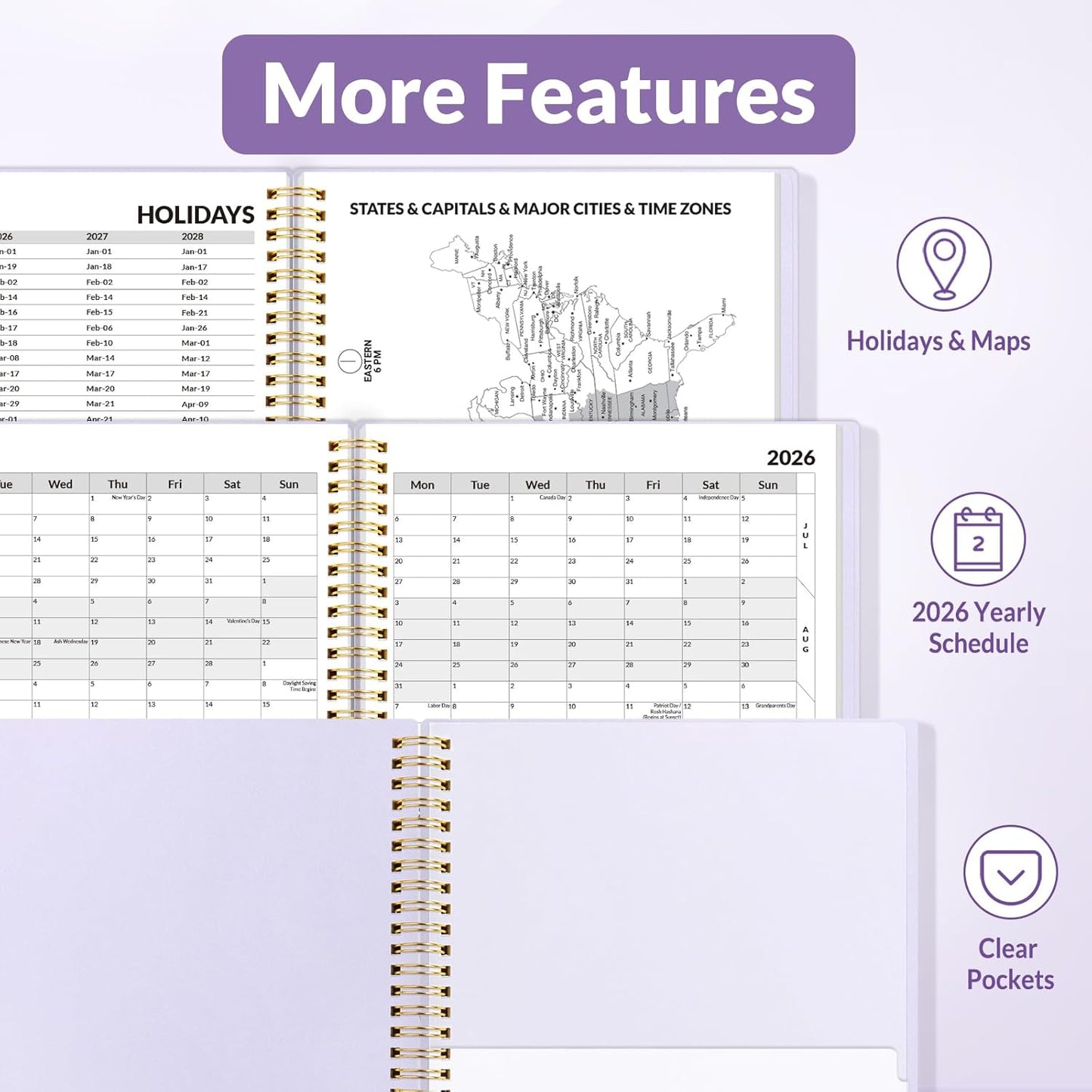 SUNEE 2026 Weekly and Monthly Planner - from January 2026 - December 2026, 8.5"x11" Daily Agenda Planner with Monthly Tab, Flexible Cover, Note Pages, Pockets, Bookmark, Spiral Binding, Purple