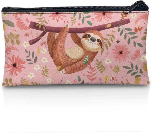 POLERO Floral Sloth Pencil Case for Girls School Stationery Pouch Multi-Purpose Travel Makeup Bag