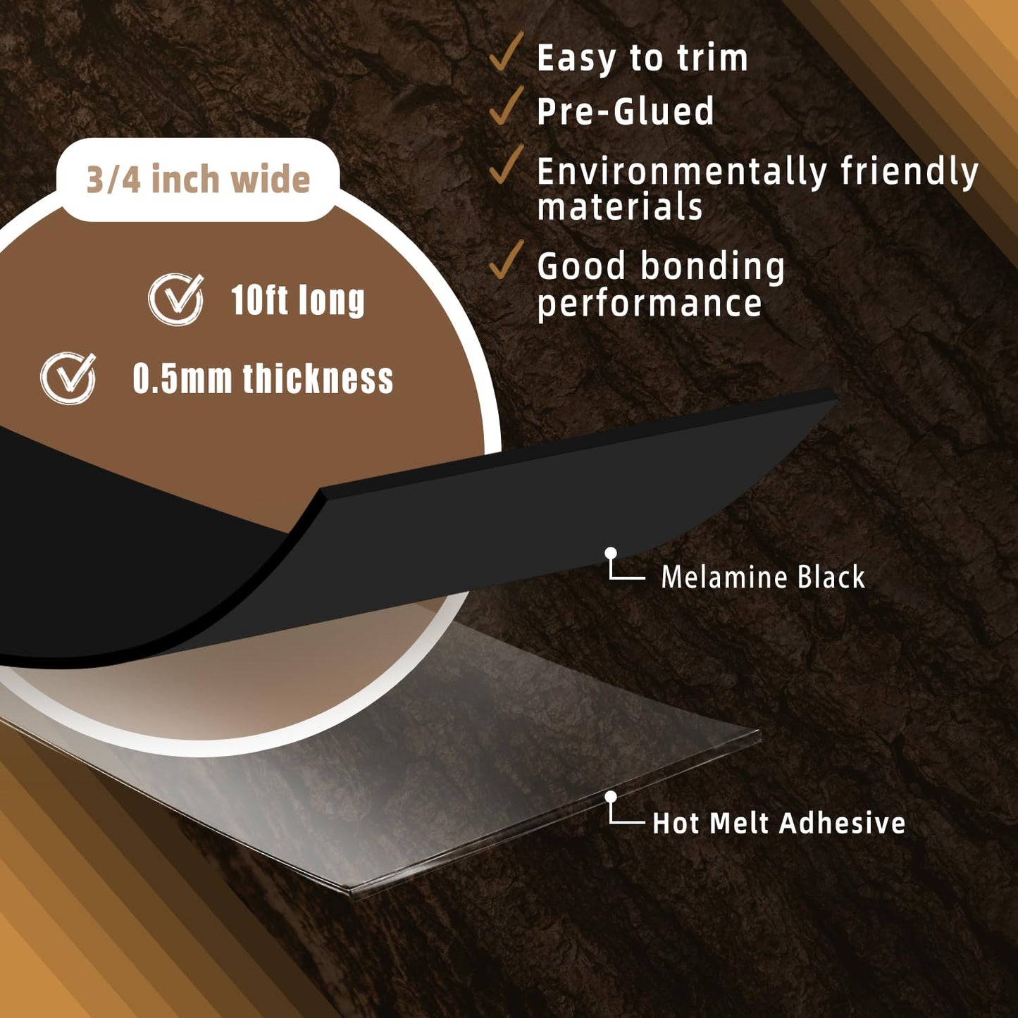 GSCIT Club Black Edge Banding, 3/4 inch x 10ft Melamine Edge Banding with Hot Melt Adhesive Preglued Cabinet Edge Banding Flexible Black Veneer Edging