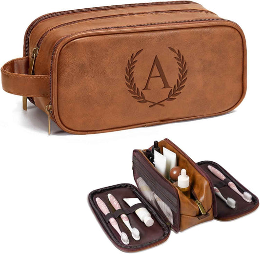Janhavi Toiletry Bag For Men Waterproof, Groomsmen Gifts Personalized Leather Engraved Initials & Wheat, Mens Toiletry Travel Bag, Birthday Gifts For Men (Medium, Yellow Brown, A)