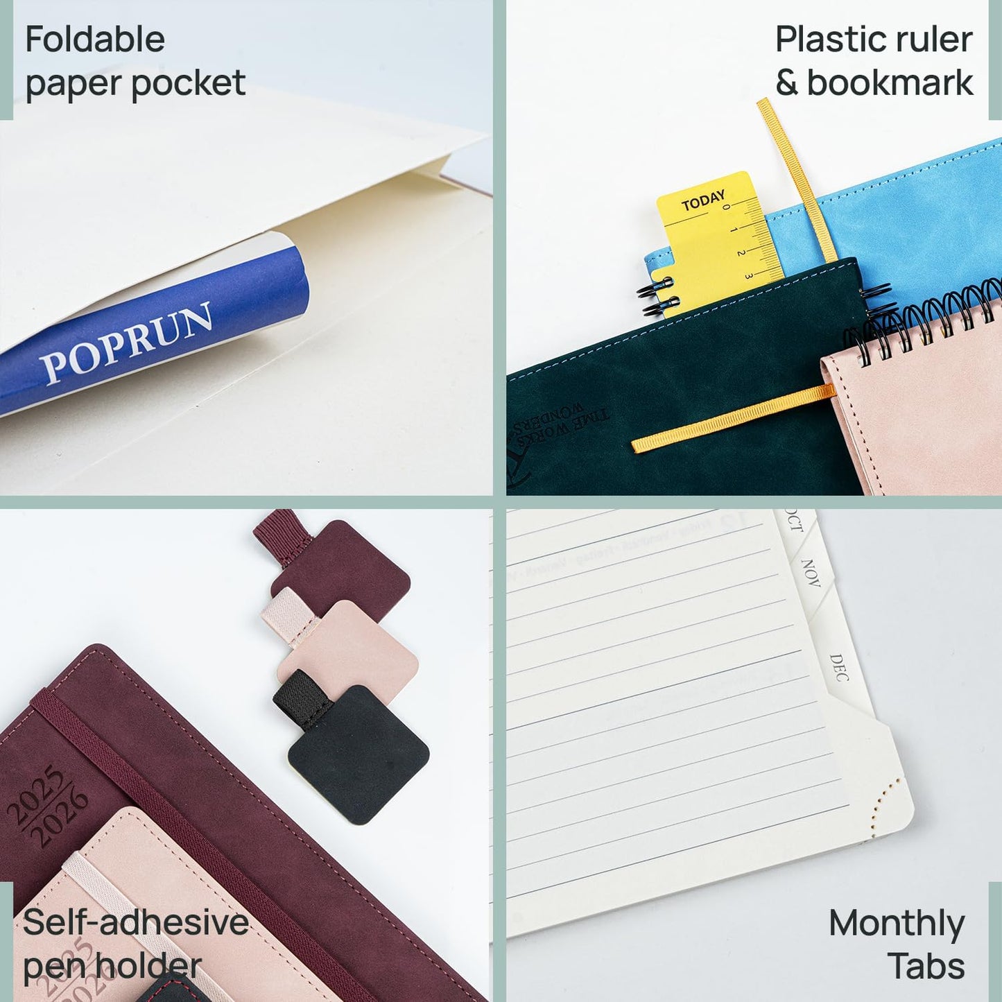 POPRUN Planner 2025-2026 Weekly Planner Notebook (Large 8.5''x 10.5'') Academic Calendar (JUL.25 - JUN.26) Appointment Book with Monthly Tabs, Spiral Soft Cover, Inner Pocket, 100 GSM - Cerulean Blue