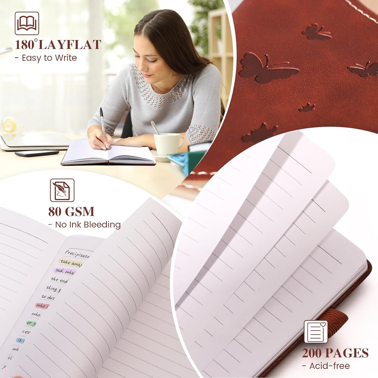 Lined Journal Notebook, A5 Hardcover Leather Journal for Men Women, 200 Pages 100 GSM Thick Paper, Journaling Notebooks for Work School Travel Note Taking, Beige & Brown