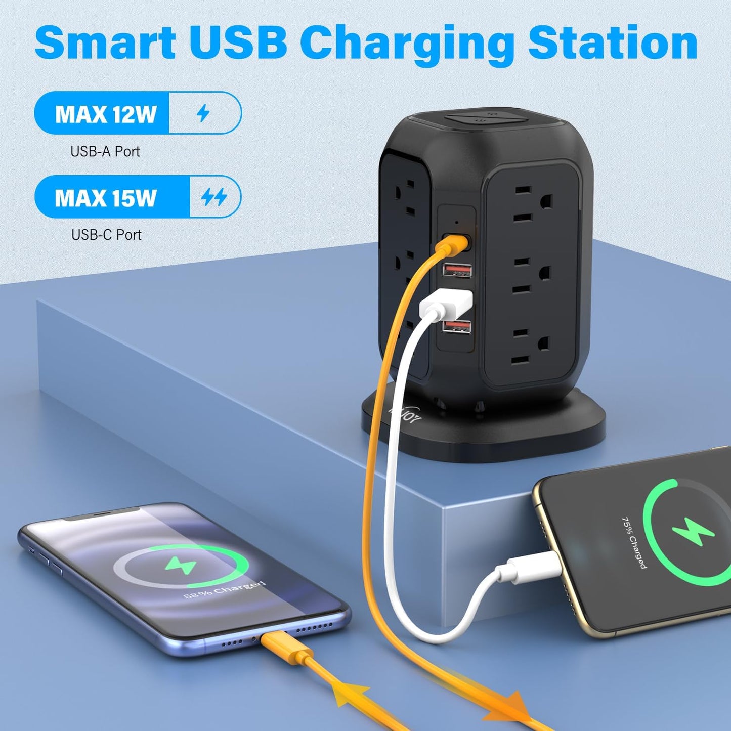 Power Strip with USB C Ports, AiJoy Surge Protector with 12 AC Outlet and 4 USB Ports, 10 FT Extension Cord, USB Charging Station with Overload Protection, Living Room, Office, Dorm