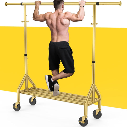 Upgraded 100% Stainless Steel Clothing Rack Load 760LBS, Heavy Duty Clothes Racks with Larger & Sturdy Wheel, Extendable & Adjustable Rolling Garment with Shelves (1 Single Rod, Gold) - Lumora Desk