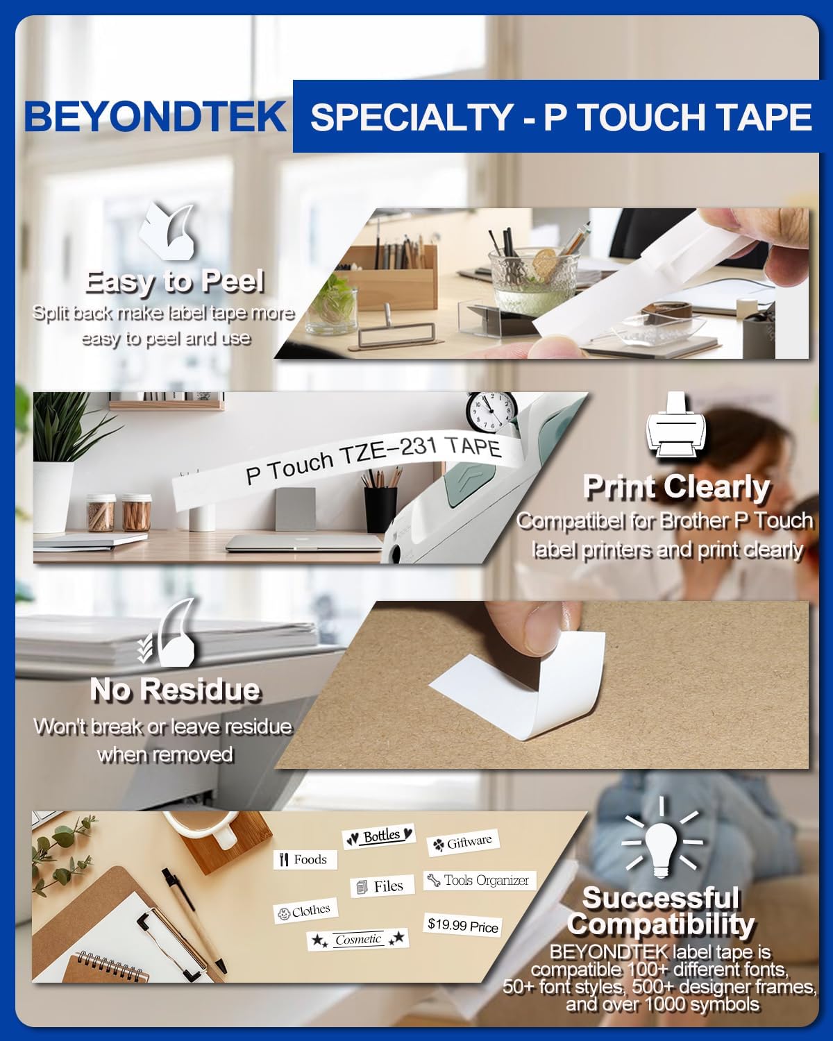 3PK Replace for Brother P Touch Tape Refill 12mm 0.47 White Compatible with Brother P Touch Label Maker TZe TZ Tape 12mm 0.47 Laminated White TZe-231 for PT-H110 D210 D400 1180 1280 1890,1/2" x 26.2ft