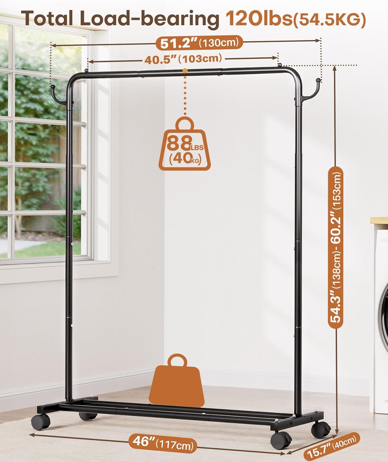 Homde Heavy Duty Clothes Rack: 120lb Standing Garment Storage for Indoor - Rolling Hanging Rod for Bedroom Laundry Room - Coat Dress Organizer on Wheels with luggage shelf (Black，46") - Lumora Desk