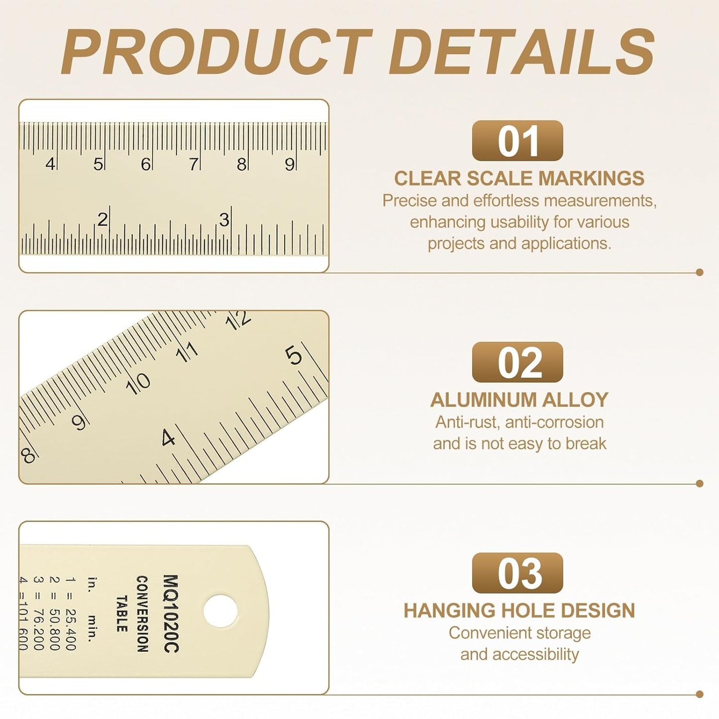 HARFINGTON 4pcs Metal Straight Ruler 15cm Metric SAE Aluminum Alloy Measuring Rulers Scale Tool with Hole for Measure Study Reading Classroom Office, White
