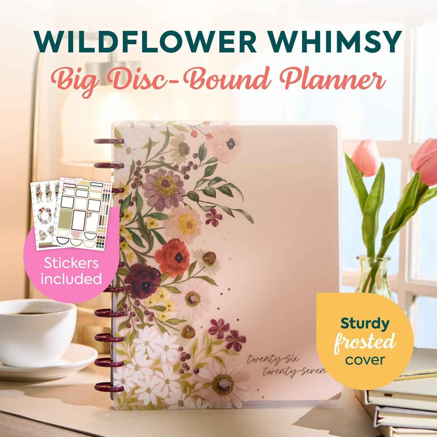 Happy Planner Disc-Bound Planner July 2026–June 2027, Includes 3 Extra Months and 2 Sticker Sheets, Big Size, 8.5" x 11", Dashboard Layout, Wildflower Whimsy