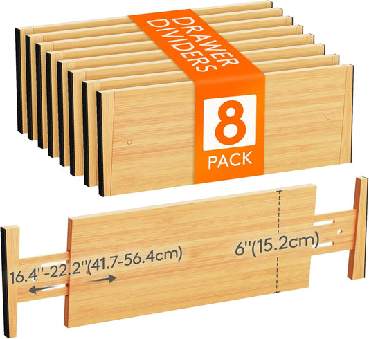 Lifewit 8 Pack Drawer Dividers Bamboo 6" High, 16-22" Adjustable Clothes Drawer Organizers, Expandable Dresser Separators in Bedroom/Bathroom/Kitchen/Office Organization and Storage