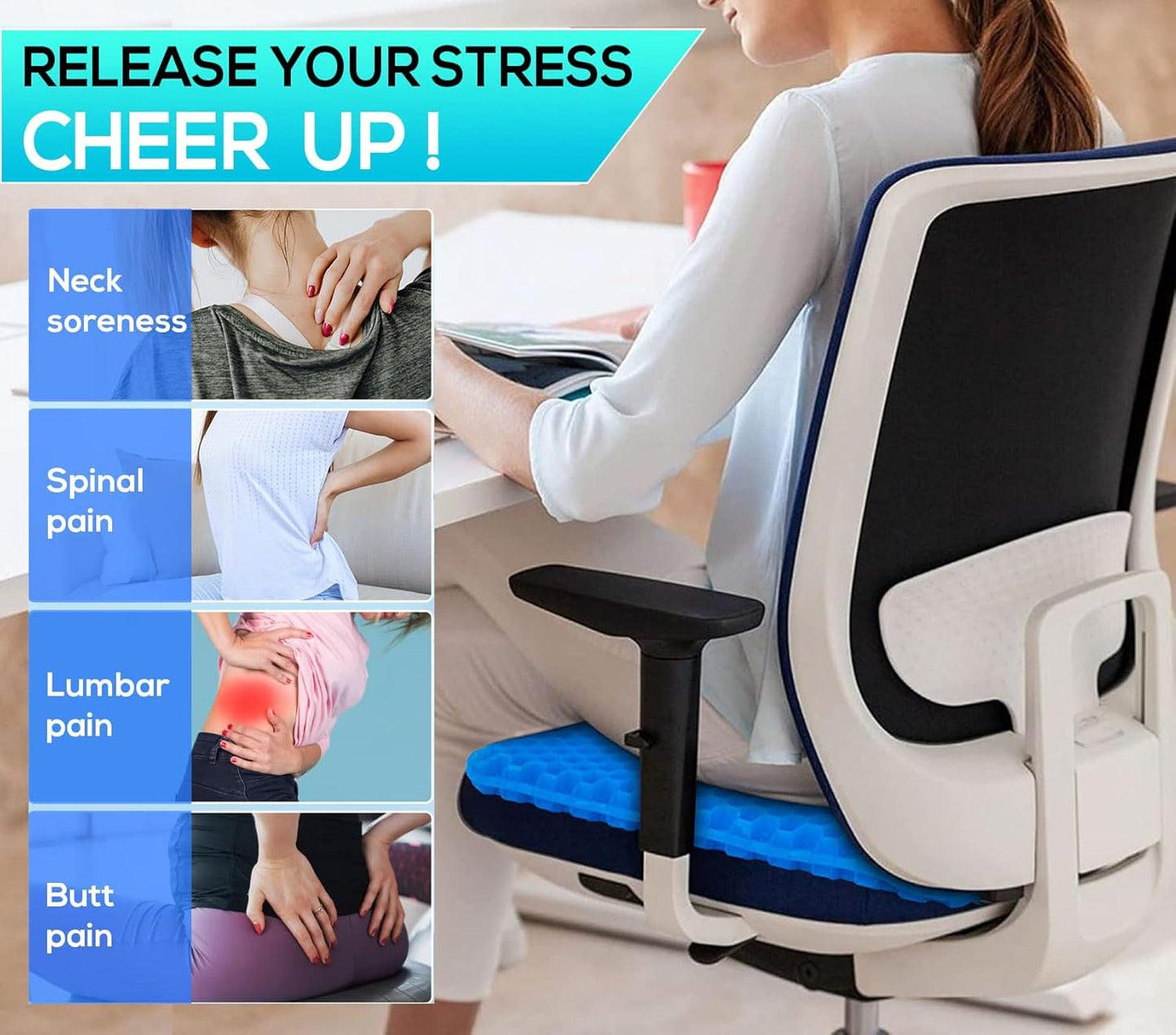 Gel Seat Cushion for Long Sitting - 1.65inch Double Thick Cooling Egg Cushion for Back, Hip, Sciatica, Coccyx, Tailbone Pain Relief - Office Chair Car Seat Cushion – Wheelchair Cushions