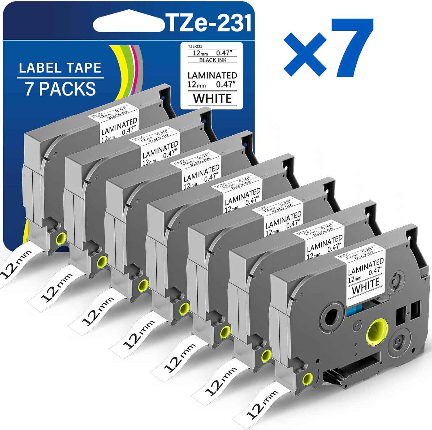 TZE-231 Label Maker Tape 12mm 0.47 Laminated Black on White 1/2" x 8m Replacement for Ptouch TZ TZE TZE231 Label Tape Cassette for PT-D220 PTD220 D220 PT-D210 PTD210 PT-H110 PT-D200 PT-D410 (7 Packs)