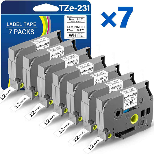 TZE-231 Label Maker Tape 12mm 0.47 Laminated Black on White 1/2" x 8m Replacement for Ptouch TZ TZE TZE231 Label Tape Cassette for PT-D220 PTD220 D220 PT-D210 PTD210 PT-H110 PT-D200 PT-D410 (7 Packs)