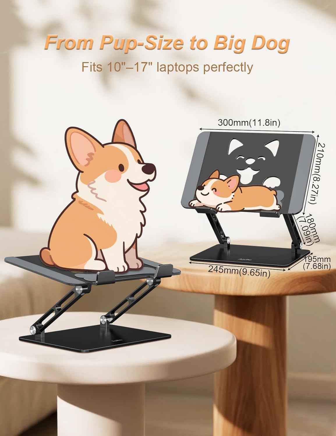 Aoviho Laptop Stand for Desk-Adjustable, Foldable, Portable, Ergonomic Aluminum Notebook Riser with Unique Puppy Cooling Vent, Desk Gift for 10"-17.3" Devices Mac, Dell, HP, Lenovo, Samsung, Black