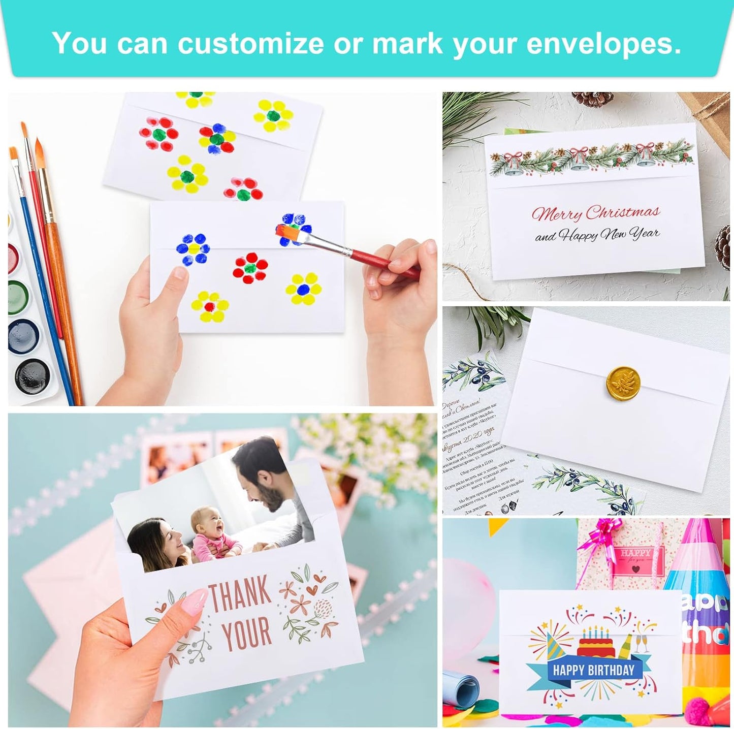 Joyberg 70 Packs A4 Envelopes, White, 4x6 Photo, Self Seal for Invitations, Weddings, Baby Shower, Photos, Postcards, Greeting Cards, Mailing - Lumora Desk