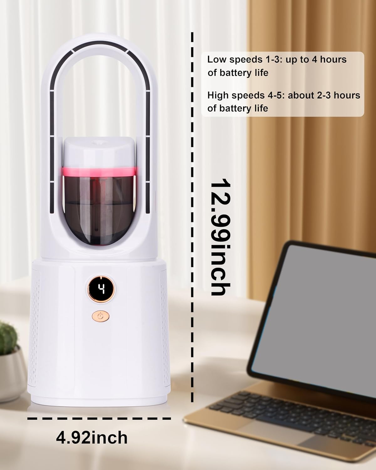 Bladeless Desk Fan, Small Desk Fan with Cooling Mist Humidifier for Bedroom Office, Small Table Fan with 5 Speeds, Touch Control, Easy to Clean