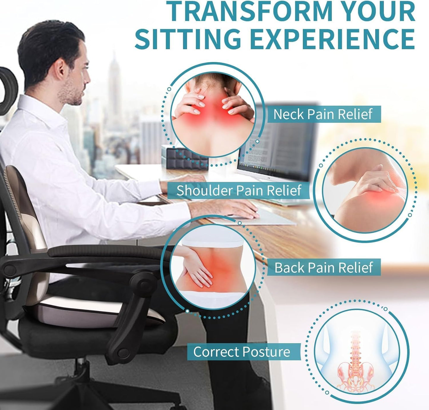FLORICH Seat Cushion and Lumbar Support Pillow for Office Chair Car Neck Headrest Pillow Memory Foam Seat Pads Pressure Relief Back Cushion and Carseat Pads(Grey)