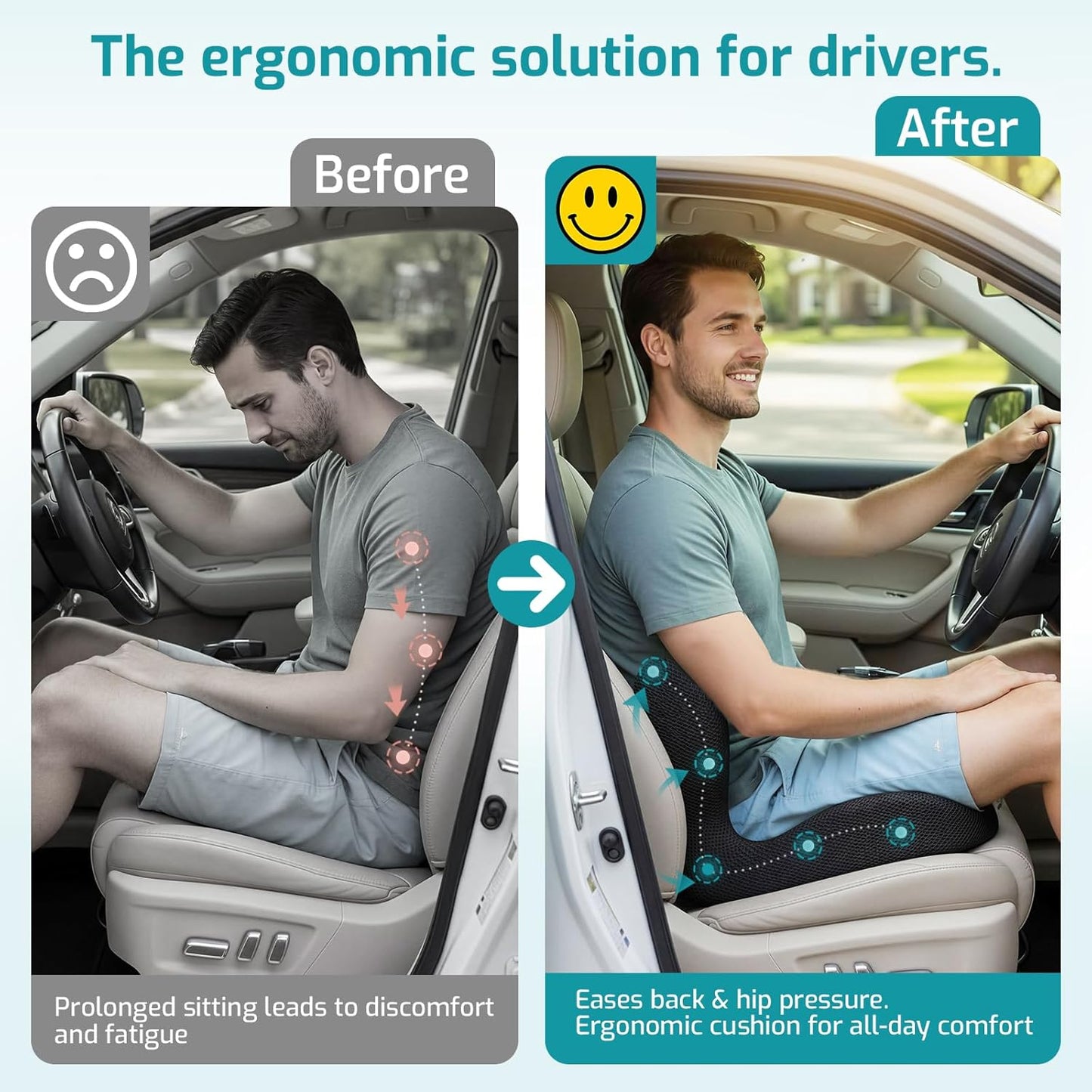 Trucker Seat Cushion, Car Seat Cushions with Lumbar Support Pillow, Ergonomic L-Shaped Orthopedic Memory Foam Pad for Long Driving Back Pain Sciatica Relief, Drivers Office Workers (Black+Mesh Cloth)