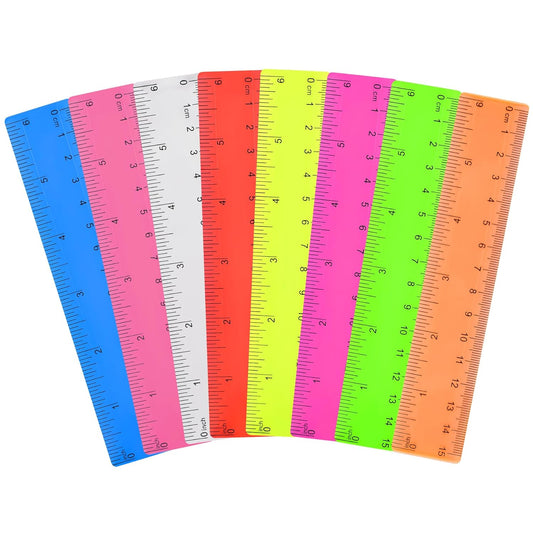 Clear Plastic Straight Ruler, 6 Inch, Bulk Assorted Colors, Shatterproof with Inches and Centimeters for School, Home, or Office (8 Pack)