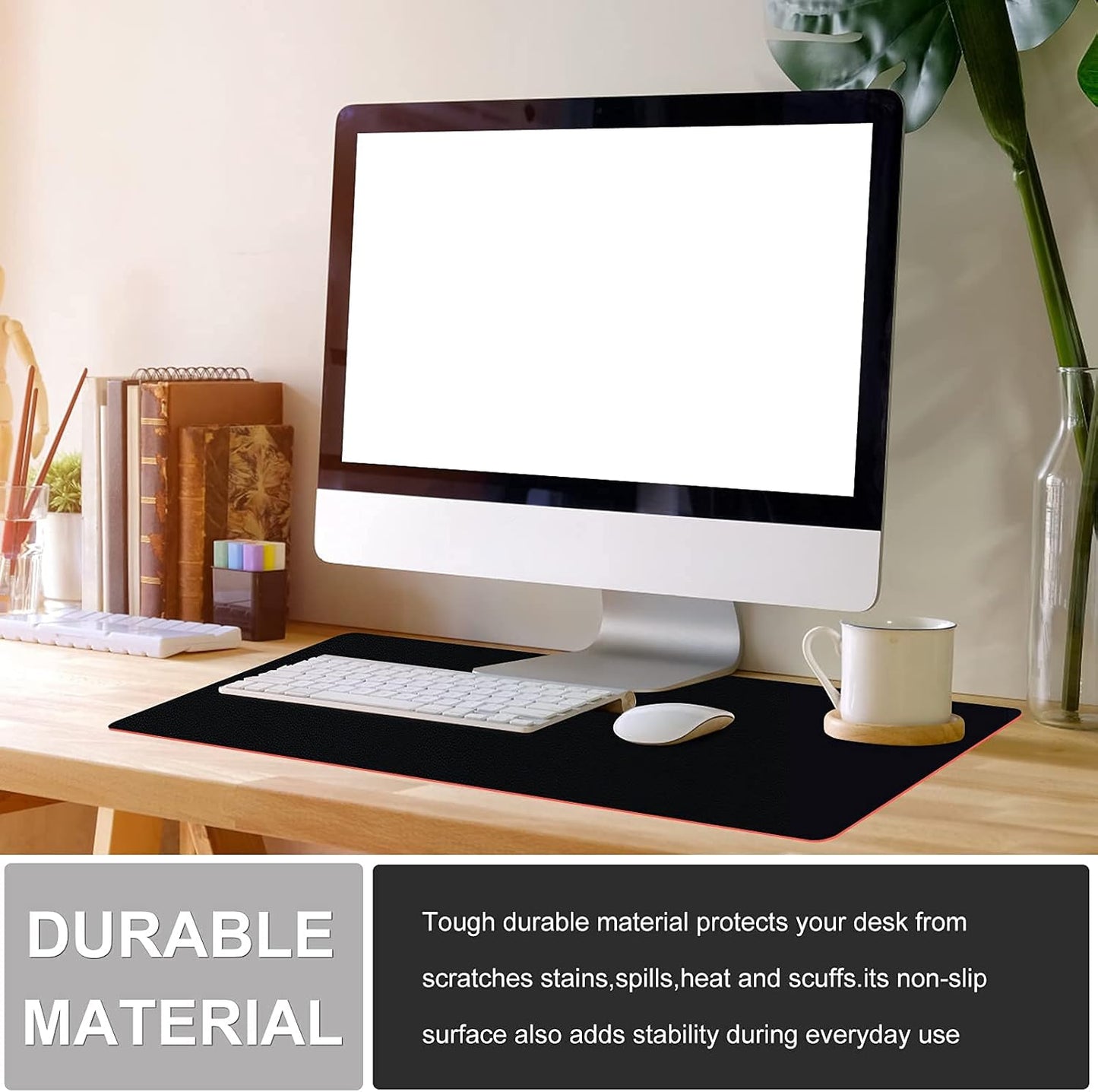 KINGFOM Desk Pad Office Desktop Protecter, PU Leather Desk Mat Blotters Organizer with Comfortable Writing Surface (47.2" x 23.6", Black+Red)