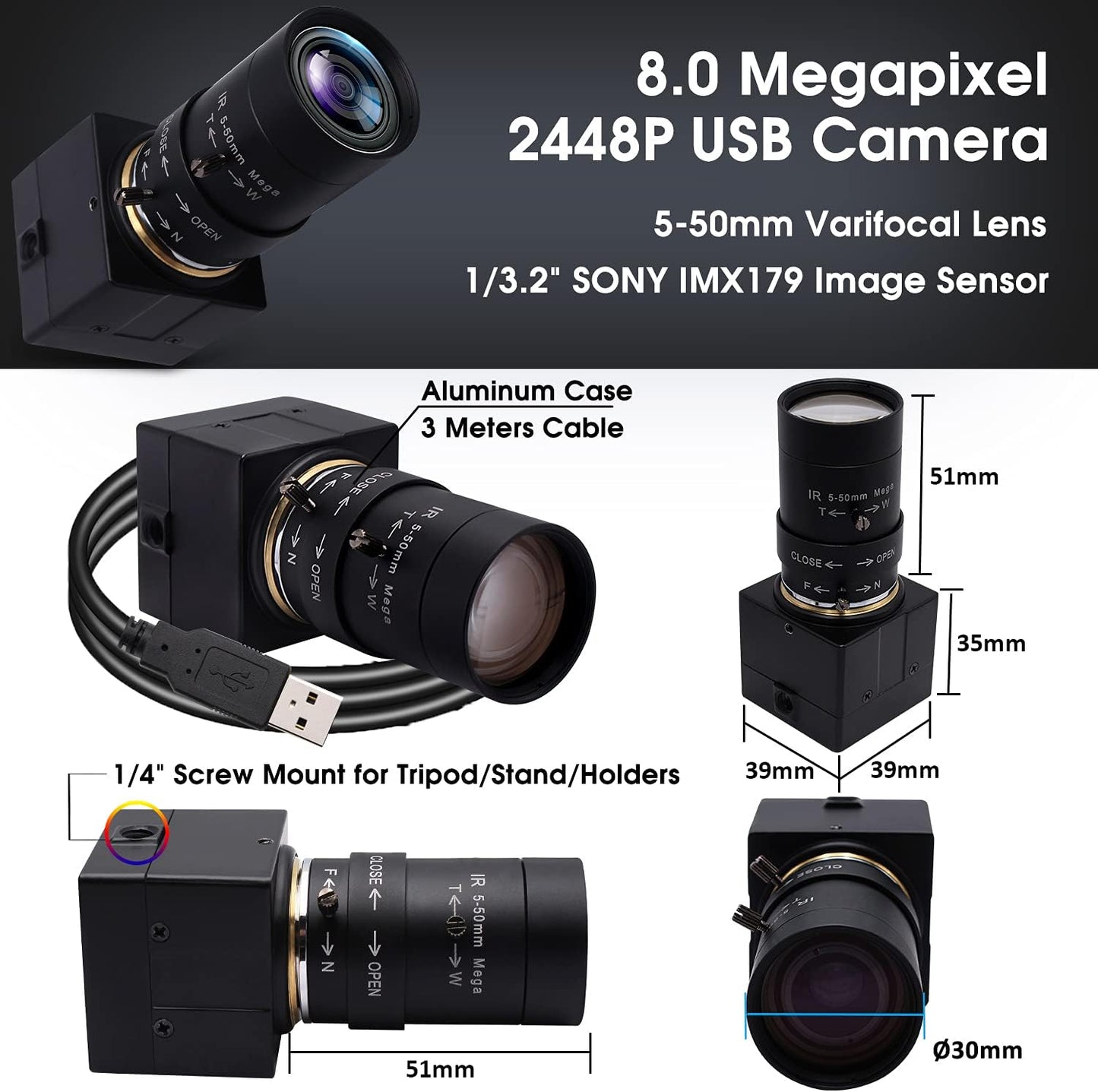 SVPRO USB Webcam with Zoom Lens 5-50mm, 10X Optical Zoom Manual Focus,High Resolution 3264x2448,Sony IMX179 Sensor,USB HD Computer Camera for Windows MAC Linux Android
