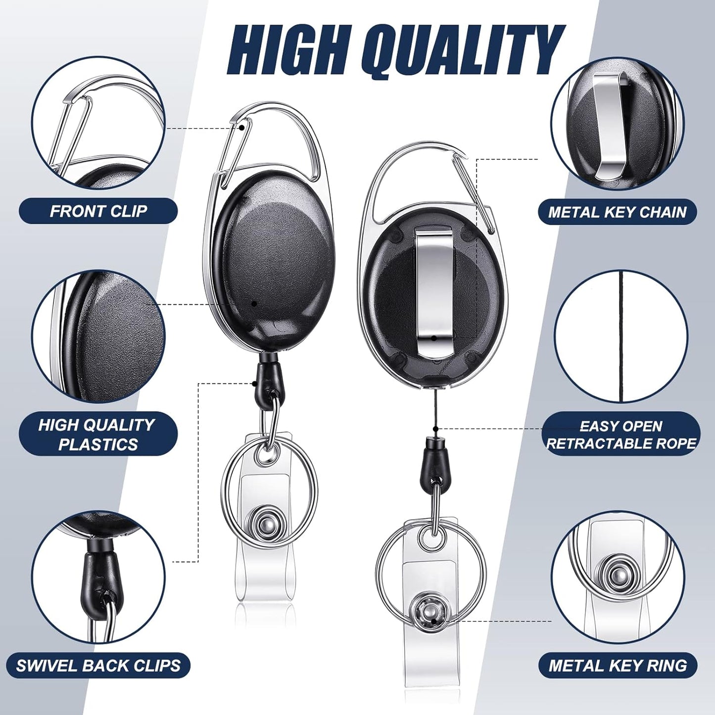 Maitys 100 Pack Retractable Badge Reels Bulk Heavy Duty Badge Reel Holders with Carabiner Belt Clip and Keychain for Lanyard Card Nurse School Office Employee (Clear Black)