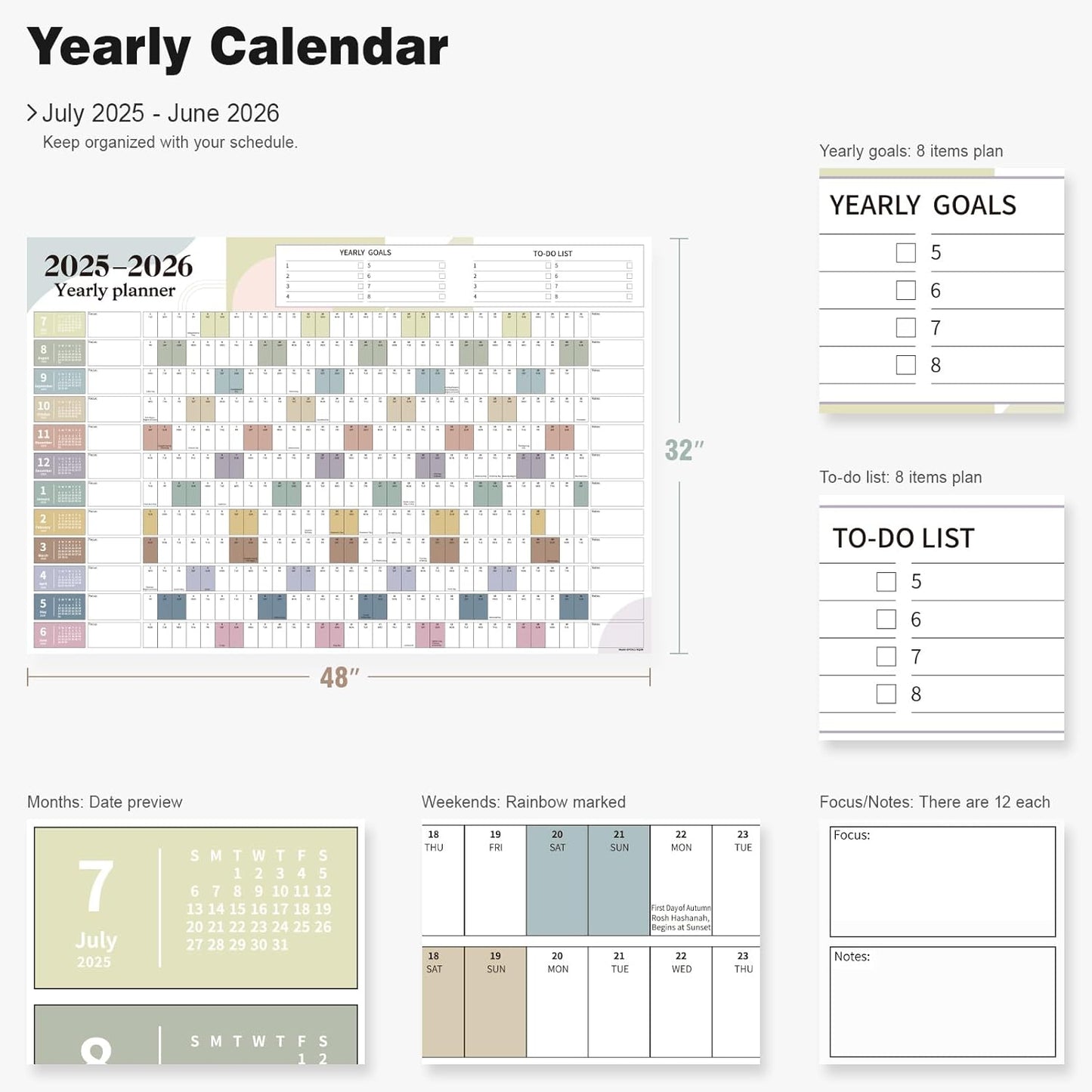Ospelelf 2025 Wall Calendar Large 32'' x 48'' Dry Erase Laminated Calendar for Wall, 12 Month Big Family Calendar, Use July 2025 - June 2026 (Morandi)