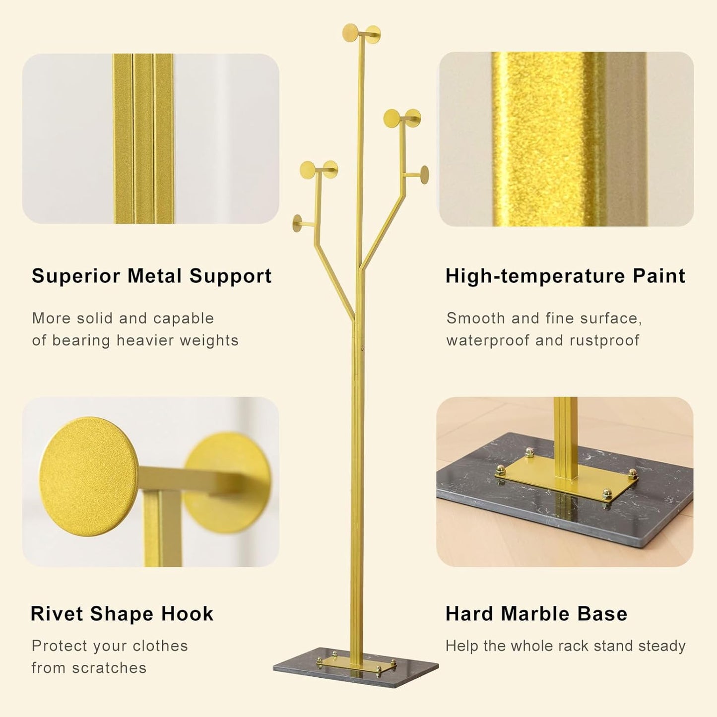 Heavy Duty Coat Rack Tree-shaped Metal Freestanding Coat Tree with Sturdy Marble Base Corner Coat Rack for Bedroom Entryway Hallway 14.96 x 10.24 x 68.9 Inches (Gold) - Lumora Desk